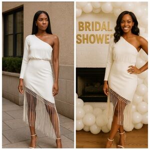 LULUS Ivory One Shoulder Fringe Midi Dress Small NWT Bridal Shower Wedding Guest